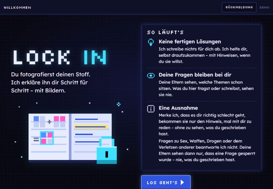 Startseite von Lock In mit dem Feld für die Frage des Kindes